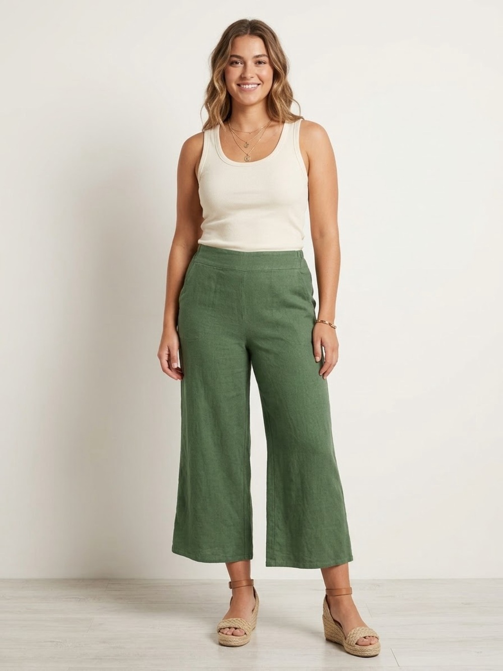 Wide Leg Cropped Pants, Linen Blend, Deep Green, Women’s Size Small